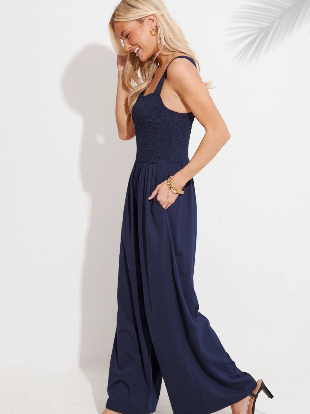 Cupshe Navy Smocked Square-Neck Wide-Leg Jumpsuit - Picture 3 of 13
